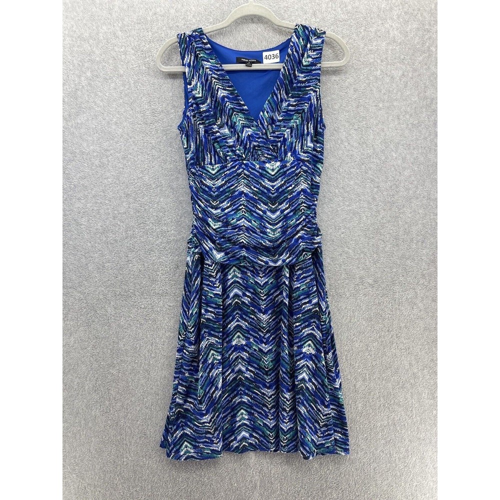 Nine West Women's Dress Sleeveless Blue V Neck Pleated Drop Waist Size 2 Lined